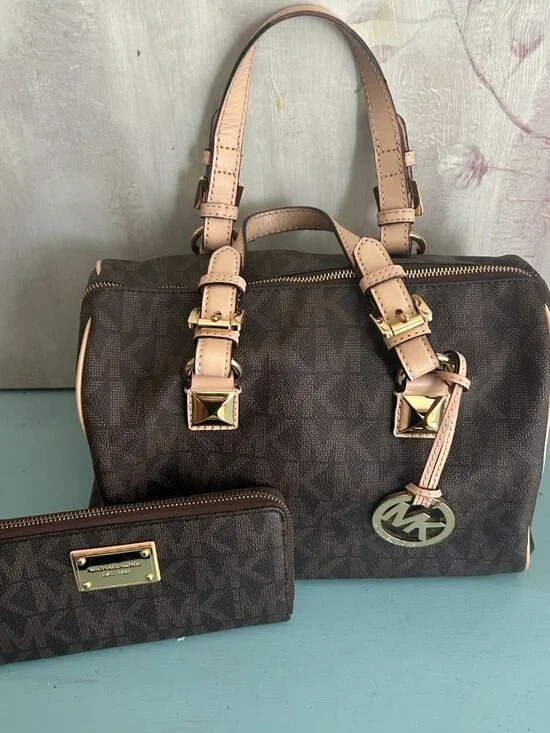 Michael Kors Grayson Monogram Leather Boston Bag Purse Matching Jet Set Wallet - Picture 3 of 16